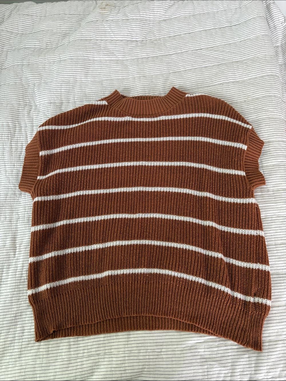 Oversized Striped Rust Brown Knit Pullover with White Stripes